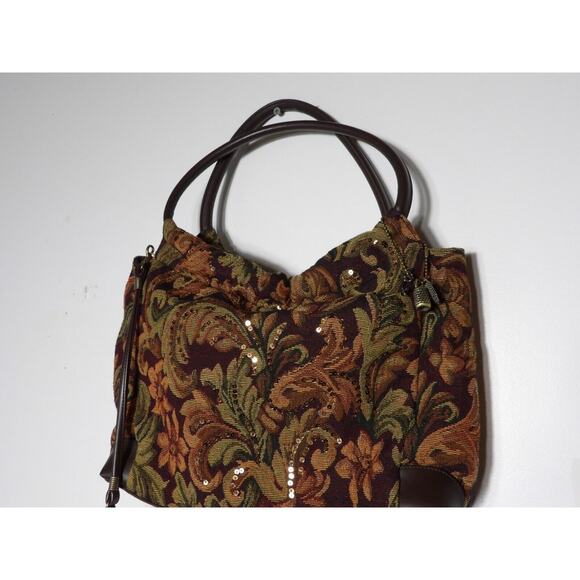 Paradox Tapestry Purse Shoulder Bag Brown Floral Sequins Woven Double Handle - Picture 2 of 16